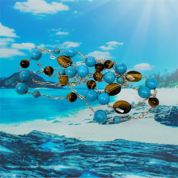 14K, turquoise and tiger’s eye beaded versatile necklace - Picture 3 of 12